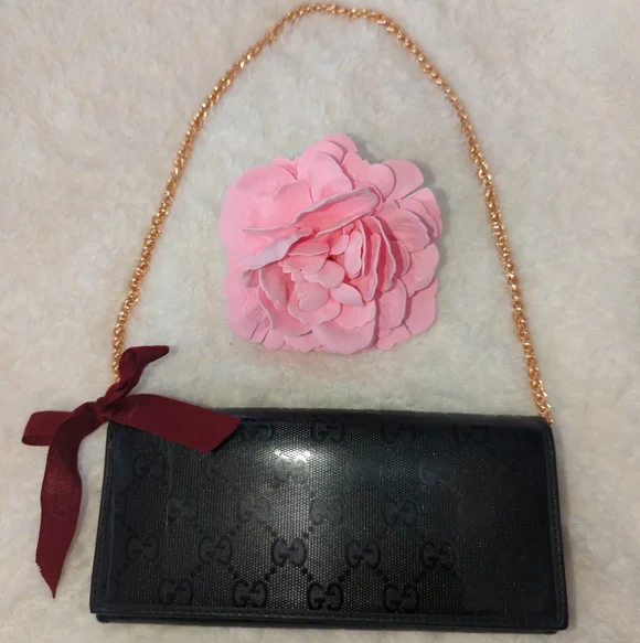 Gucci Authentic Impreme Black Monogram Wallet With Gold Chain And Dust Bag - Picture 3 of 12